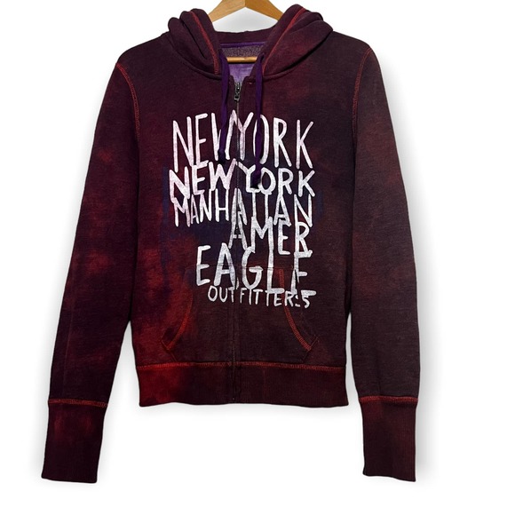 Hand Crafted Tops - Tie Dyed Upcycled AEO New York Manhattan Purple Long Sleeve Full Zip Hoodie Sz M